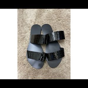 Black Croc Embossed Sandals